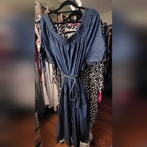 TERRA & SKY  Navy Chambray Cotton Dress with Tie Waist